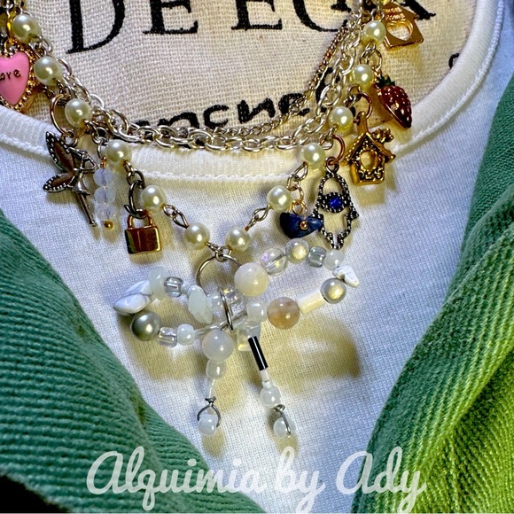 Chunky multi charms layered pink lapis opals pearls coral necklace maximalist